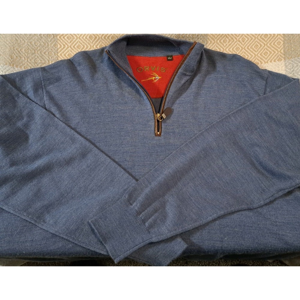 Merino Wool ORVIS Lg 1/4 Zip Mens Blue Classic Grandpacore Old Money Cabincore